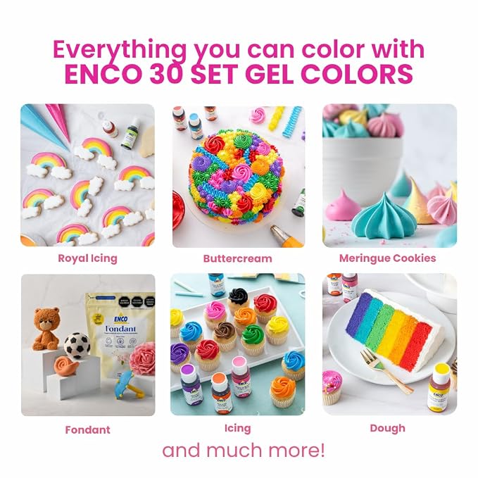 ENCO 30 Food Coloring Gel Set 1.41 oz each (40g), Includes Color Mixing Guide