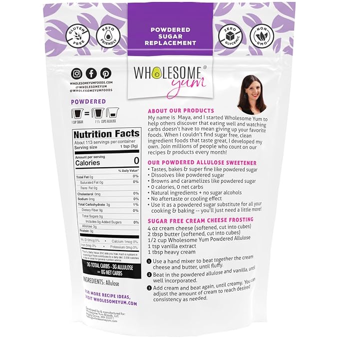 Wholesome Yum Powdered Allulose Sweetener - Natural Keto Powdered Sugar Substitute - Non GMO, Zero Carb, 0 Calorie, Sugar Free, No Aftertaste, Tummy Friendly - Confectioners Sugar Replacement (12 oz)