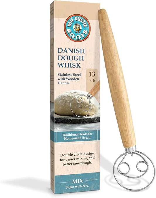 Danish Dough Whisk - 13 inch Stainless Steel Sourdough Whisk with Long Wooden Handle - Durable Bread Dough Mixer - Perfect Stirrer for Artisan Loaves, Pizza Dough & Pancakes
