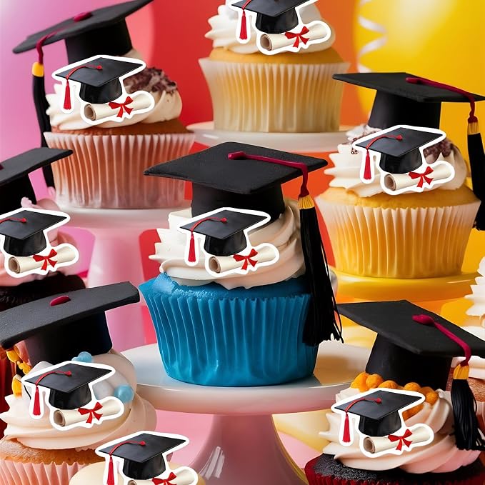 48pcs Edible Graduation Cap Cupcake Toppers Wafer Paper Red Grad Cap Diploma Cake Decorations Edible Grad Cap Cupcake Picks for 2026 Graduation Theme Party Cake Decor Supplies