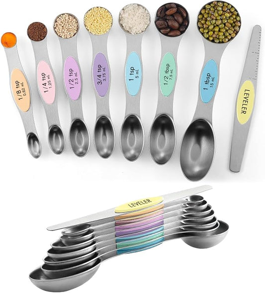 ChefAide Pack of 8 Stainless Steel Magnetic Measuring Spoons Set, Dual Sided, Stackable, Adjustable Teaspoon and Tablespoon Measure Spoon with Leveler, Kitchen Gadgets