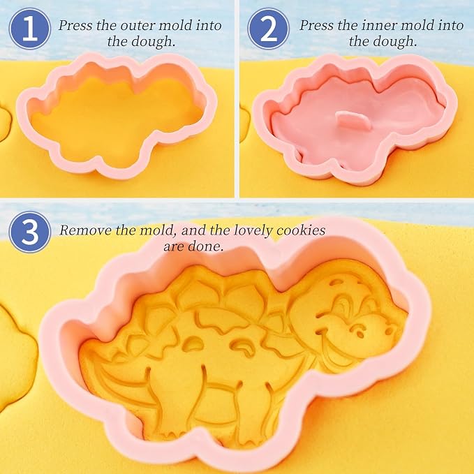 Dinosaur Cookies Cutter with Cookie Stamps 8 Pieces Set 3D Cute Dino Shaped Biscuit Cracker Cutters for Kids (Dinosaur B)