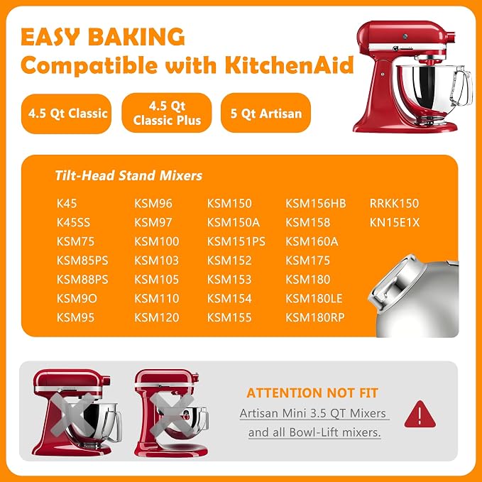 5 QT Mixer Bowl with Lid for KitchenAid Tilt-Head Stand Mixers, Food-Grade Stainless Steel Mixing Bowl Replacement with Anti-slip Handle and Splash-proof Cover, Dishwasher Safe, Artisan&Classic Series
