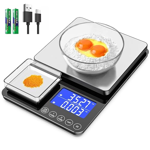 KKZ 0.001oz/33lb Kitchen Scale, Dual Platform Food Scale Grams and Ounces Rechargeable for Weight Loss Baking Cooking Meal Prep Sourdough Bread, Stainless Steel