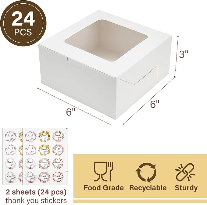 LotFancy 24pcs Bakery Boxes with Window, 6x6x3 Inches White Cookie Boxes | Durable, BPA Free, Pre-Folded, Suitable for Chocolate Strawberries, Macarons, Cookies, Cupcakes, Donuts, Muffins