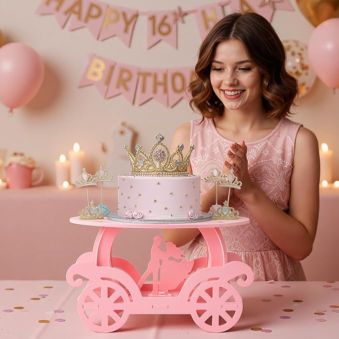 Lallisa 12" Pink Princess Cake Stand 3D PVC Cake Decorations with Prince and Princess Themed Holder Dessert Stand Centerpieces for Wedding Birthday Party Supplies