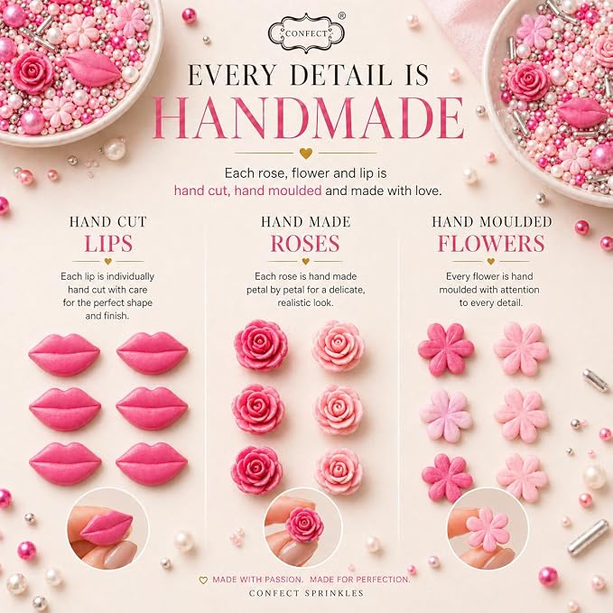 Confect Cake & Cupcake Sprinkles | Love Sprinkles Mix Pink Mini Lips & Roses, Silver Hearts & Vermcelli and White Pearls | Anniversary Sprinkles | Edible sprinkles Mix Pack of 5 (5 Oz)