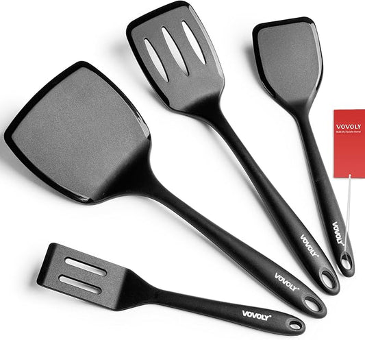 Silicone Spatula Set, 600°F Heat Resistant Silicone Spatula Turner Flipper for Cooking, Non Stick and Non Scratch Kitchen Utensils for Eggs & Pancakes, 4 Pack, Black