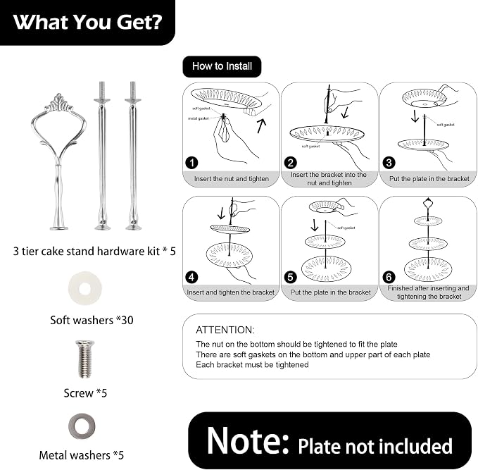 3 Tier Cake Stand Hardware Kits Heavy Duty for Tiered Fruit Cake Plate Stand Stable Handle Fitting Hardware Rod Cupcake Holder Support Silver Crown 5 Sets（Plate not Included）