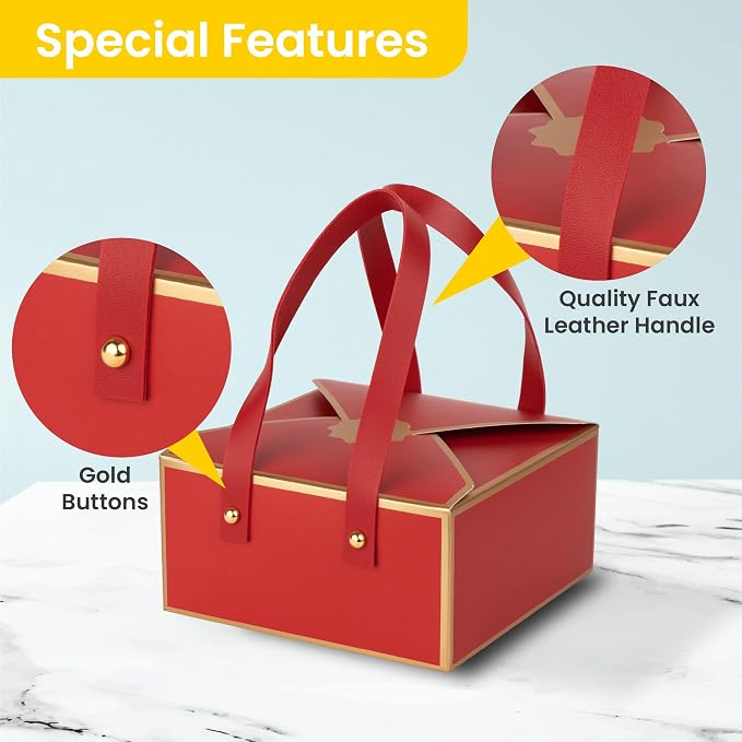 Hammont Gift Boxes - 4 Pack of Gift Boxes with Faux Leather Handles - Cookie Boxes - Versatile Gift Boxes for Presents - Elegant Box for Cakes Candy | Jewelry | Chocolates (6"x6"x3" (Red))