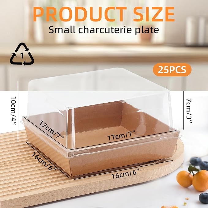 7 x 7 x 4 Inches Paper Charcuterie Boxes with Clear Lids, 25 Pack Large Clear Cake Boxes for 4-6 Inch Cake, Disposable Bakery Boxes Food Containers for Cupcakes,Pie,Cookies, Cocoa Bomb Brown