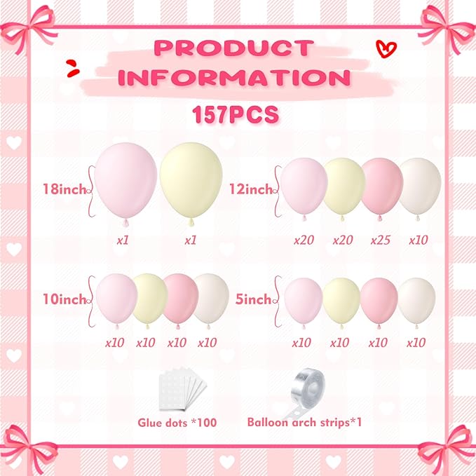 Pink and Yellow Balloon Arch Garland Kit 157pcs, Pastel Pink Light Pink Yellow Sand White Balloons Arch Kit for Birthday Baby Shower Bridal Shower Wedding Bee Bear Themed Party Decorations