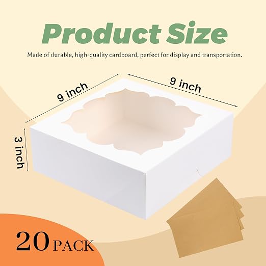 20 Pack Pie Boxes 9x9x3Inch Cake Boxes Bakery Boxes with Window for Pie, Cookies, Donuts, Chocolate Covered Strawberries, Graduation Gifts Party Favors(White)
