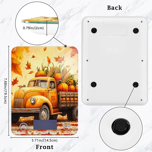 Fall Thanksgiving Pumpkin Truck Food Scale Kitchen Digital Scale Food Ounces and Grams Dieting Baking Cooking Waterproof Glass Panels LCD Display,4 Units Tare Function