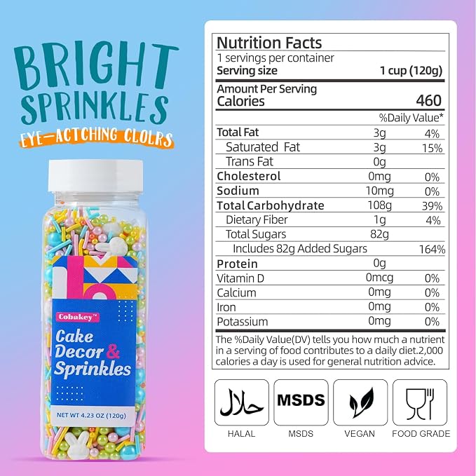 Easter Sprinkles Mix, 120g Bunny Rabbit and Carrot Shaped Sprinkles with Pearls Nonpareils and Jimmies, Pastel Edible Cake Decorating Sprinkles for Easter Baking, Ice Cream, Cupcakes & Spring Cookies, 4.2oz
