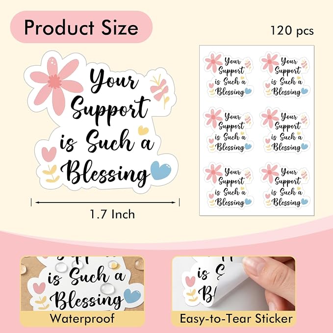 120 Pack Thank You Stickers for Small Business, Your Support is Such a Blessing Labels for Bakery Boxes, Mailers, Gift Bags & Handmade Packaging, 1.7 Inch