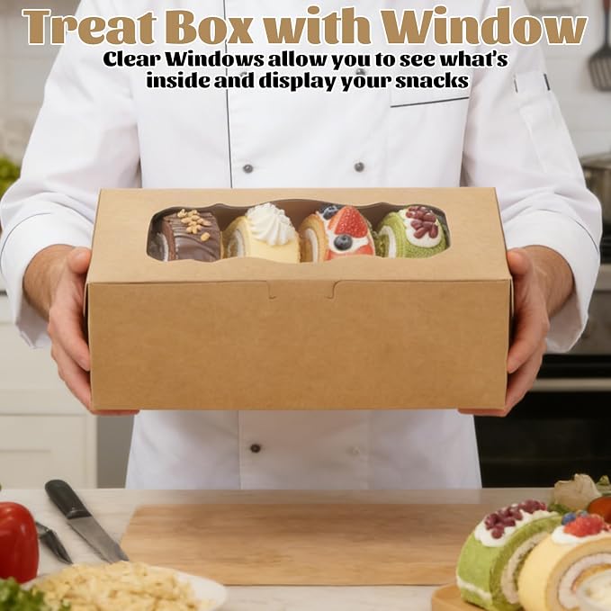 QTLCOHD 50 Pcs Bakery Boxes with Window 9 x 4 x 3.5 Inch Brown Bakery Boxes | Dessert Container with Sticker for Pies, Chocolate, Strawberries, Muffins, Donuts, Pastry, Christmas, Candy