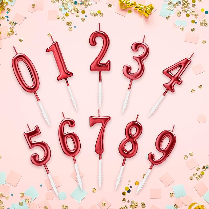 Beanlieve Red Numeral Birthday Candles - Cake Numeric Candles Number 0 1 2 3 4 5 6 7 8 9,Used for Cake Decoration on Birthday Parties and Wedding Anniversary Celebrations(10 Pieces)