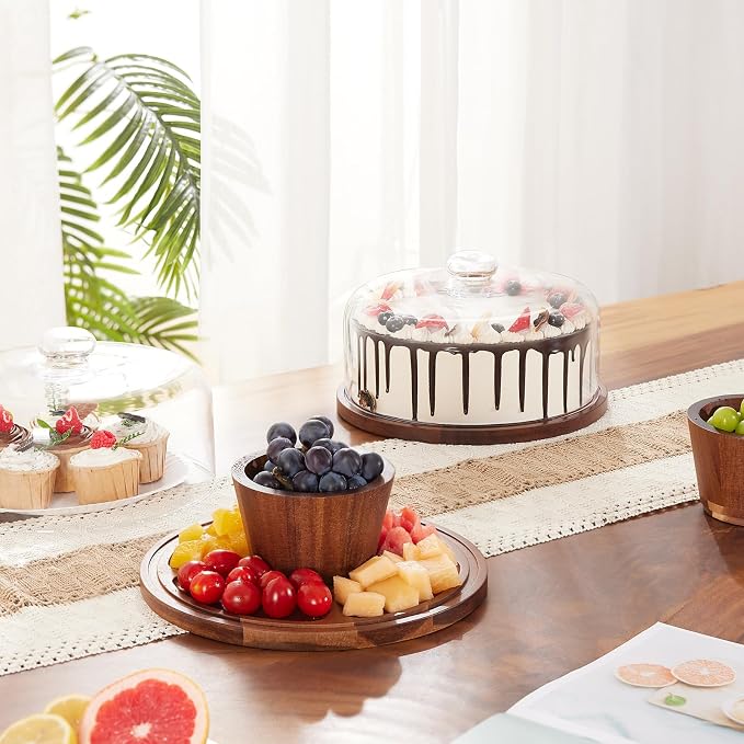 VIVIRBIEN Wooden Cake Stand with Lid, Acacia Cake Stand with Glass Dome, 11-Inch Versatile Dessert Stand with Strong Magnetic Pedestal, Cake Holder for Birthday/Kitchen/Party/Charcuterie