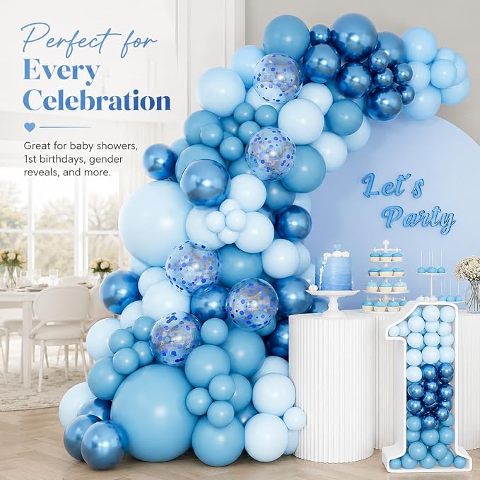 141 Pcs Blue Balloon Garland Arch Kit - Macaron & Metallic Chrome Blue Balloon Set with Confetti Balloons for Baby Shower, 1st Birthday, Wedding, Gender Reveal Party Decorations