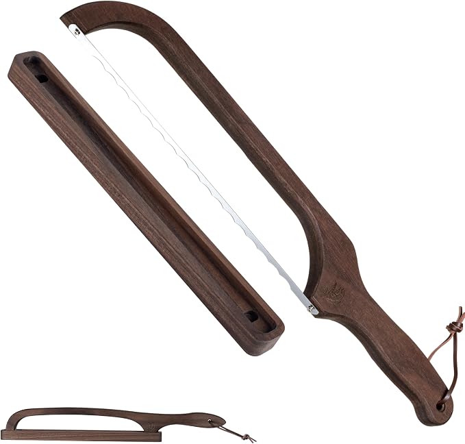 Bread Knife with Wooden Tray, 16.5" Serrated Sourdough Bread Knife, Premium Bow Bread Slicer for Homemade Bread, Bagels & Loaf, Stainless Steel Cutter (Black Walnut, Wide-Spacing)