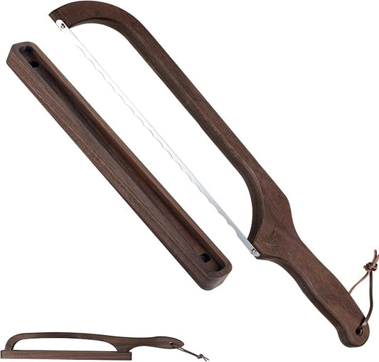 Bread Knife with Wooden Tray, 16.5" Serrated Sourdough Bread Knife, Premium Bow Bread Slicer for Homemade Bread, Bagels & Loaf, Stainless Steel Cutter (Black Walnut, Wide-Spacing)