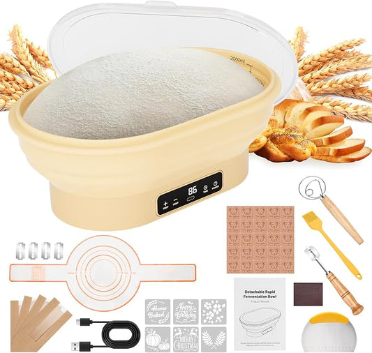 HK Electric Sourdough Starter Kit with 6-Temp Control & Timer, 11" Foldable Sourdough Bread Baking Supplies & Dough Warmer, Complete Banneton Bread Proofing Basket Set for Artisan Home Bakers