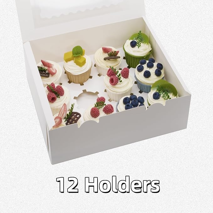 4 Pack Cupcake Boxes, Hold 12 Count Cupcake Containers with Window, High Grade Cupcake Holder, Easy Transport and Presentation, for Birthday Holiday Party, Desserts and More (White - 4 Pack)