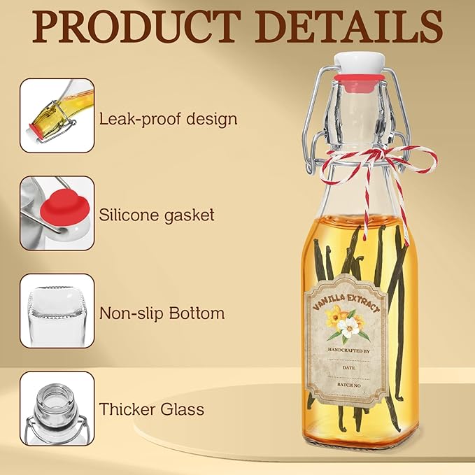 10 Pack Swing Top Glass Vanilla Extract Bottles 8 oz with Lids, Vanilla Extract Labels and Funnel, Glass Boston Bottles for Syrup Gift, Flip Top Jars