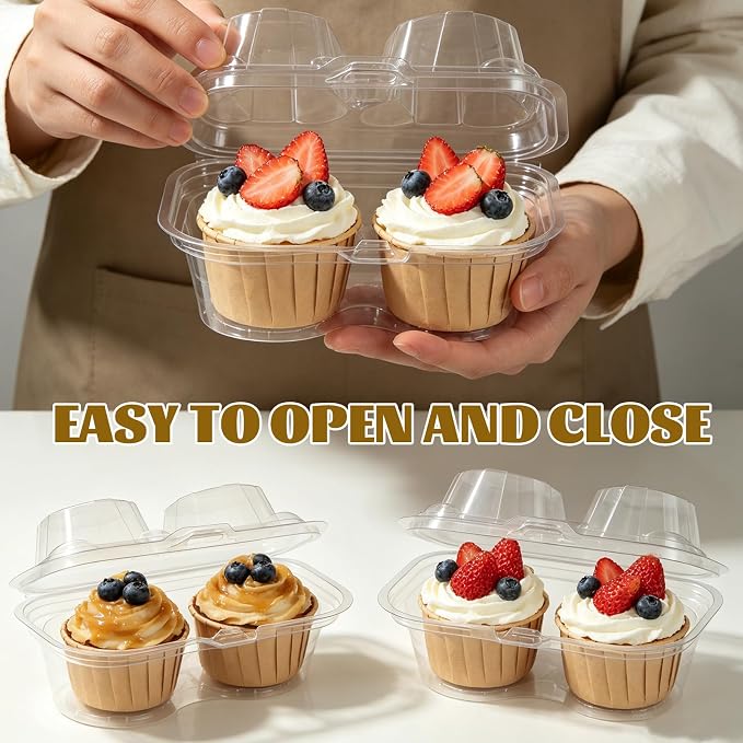 50 Pcs Cupcake Containers 2 Count, 2 Pack Cupcake Containers with Clear PET Hinged Lid, Double Dessert Holder Boxes for Muffins, Bakery, Parties and Sweet Gifts