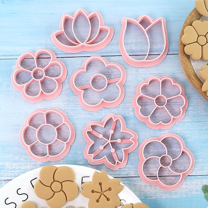 8pcs Mini Flower Cookie Stamps, One-touch Molding 3d Raised Design Cookie Cutters, suitable for Spring, Mother's Day, Valentine, Holiday & DIY Party Treats Frosting Decoration (Flower)