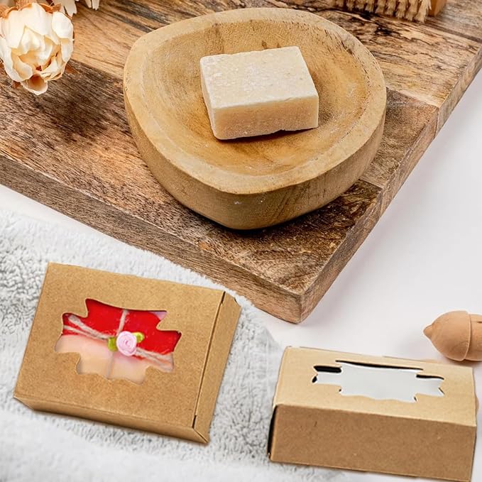 WRINGKIT 100 Pack Soap Boxes with Window, Kraft Paper Treat Cookies Boxes, Rectangle Small Soap Gift Wrappers Packaging Box, Soap Making Supplies for Bakery, Chocolate, Sweet, Jewelry Display