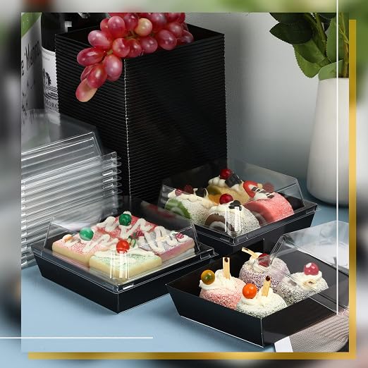 100 Pack Charcuterie Boxes with Clear Lids Valentine Gift 5 Inch Cookie Boxes Disposable Cake Case Paper Square Cookie Containers Dessert for Sandwich Slice Cake Hot Cocoa Bombs Strawberries(Black)