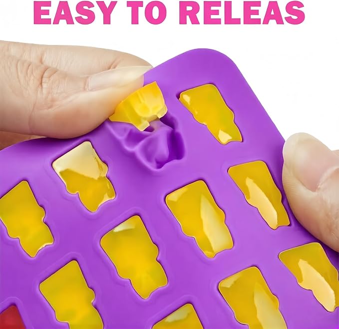 Mini Silicone Gummy Bear Molds (0.7 Inch Bite-Sized) - Non-Stick Chocolate & Candy Mold for Kids, Includes Dinosaur, Bear, Hearts & Donut Shapes (201 Cavities) - 4 Pieces + 3 Droppers By ENBRWAS