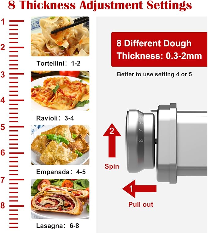 Pasta Roller Attachment for KitchenAid Stand Mixer, Stainless Steel Pasta Maker for Pasta, Ravioli, Noodle Dough Sheet Roller with 8 Adjustable Thickness Knob