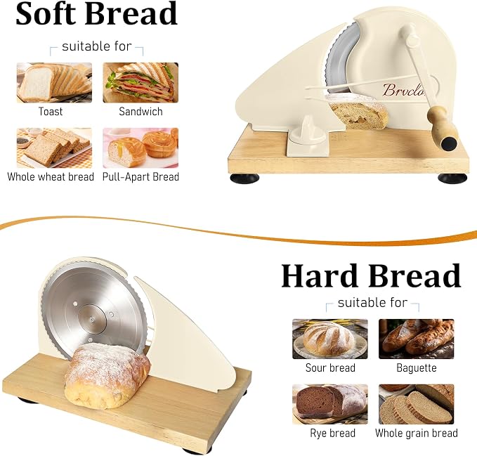 Brvclon Manual Bread Slicer for Homemade Sourdough,Adjustable Thickness,Hand Crank Bread Slicer with Stainless Steel Blade, Aluminum Alloy Frame & Solid Wood Base,Comes with 10 Bread Bags