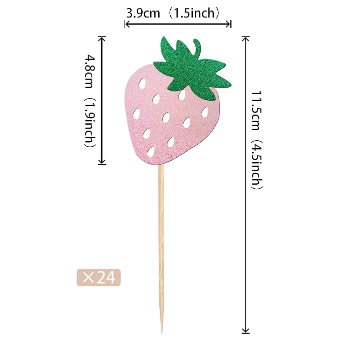 24 PCS Strawberry Cupcake Toppers Red Glitter Fruit Theme Berry Strawberry Cupcake Picks for Summer Sweet Fruit Baby Shower Kids Birthday Party Cake Decorations Supplies Pink