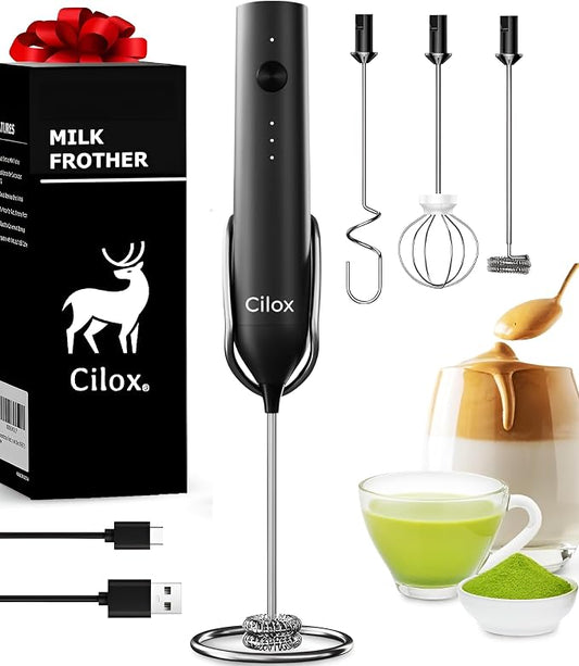 Rechargeable Milk Frother Handheld with 3-Speed & 3 Detachable Stainless Whisks with Stand, Electric Whisk Frother Wand, Mixer Wand for Coffee, Lattes, Cappuccino & Matcha
