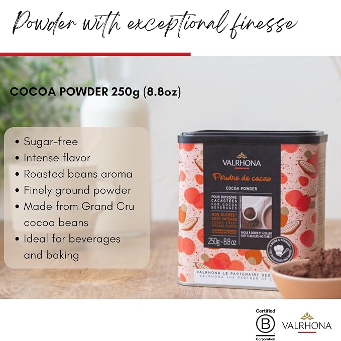 Valrhona Dutch Processed French Cocoa Powder. Chef’s Choice Cocoa Powder. Warm, Red Color, Pure, Dark, Intense Flavor. Poudre de Cacao. Great for Desserts and Hot Chocolate. Kosher. 250g (Pack of 1)