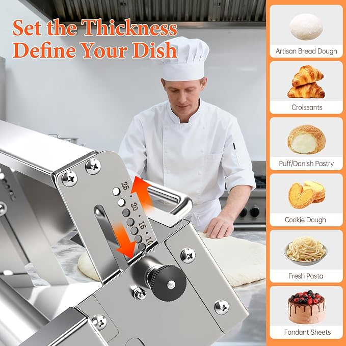 40.5" x 15.5" Folding Manual Dough Sheeter with PE Board – Stainless Steel Countertop Dough Roller Machine, Adjustable Thickness (0–25mm) for Pastry, Pizza, Croissant, Cookie & Pasta