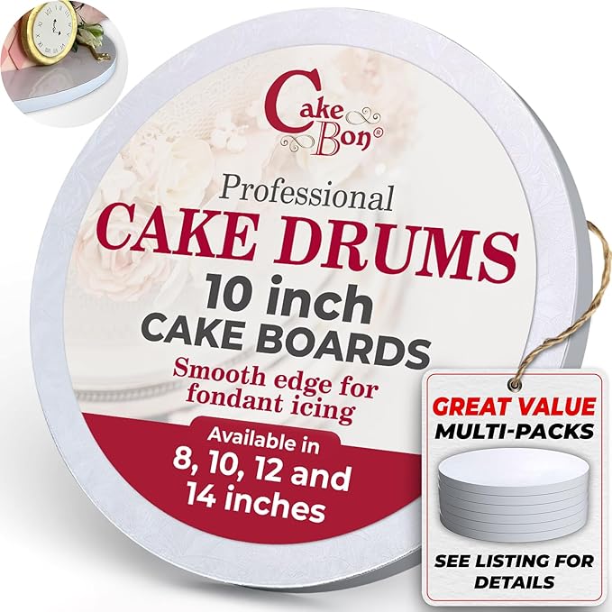 Cakebon Round Cake Boards - Sturdy 1/2 Inch Thick Cake Drums - 10 Inch Professional Base Para Pastel Smooth Straight Edges White 12-Pack