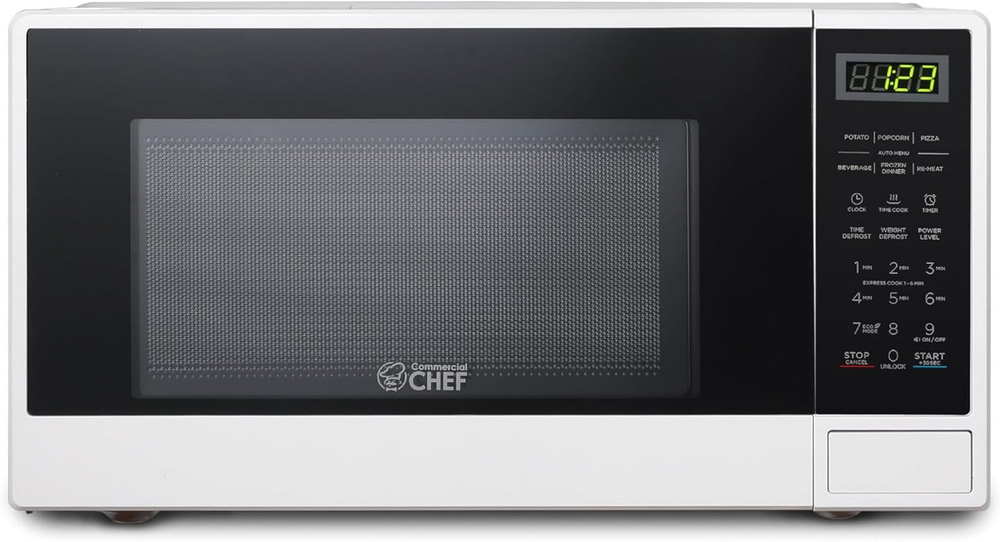 Commercial Chef 1.1 Cu. Ft. Countertop Microwave Oven, Touch Controls with Digital LED Display, 1100W Microwave, Push Button Door, 10 Power Levels, CHCM11100W, White