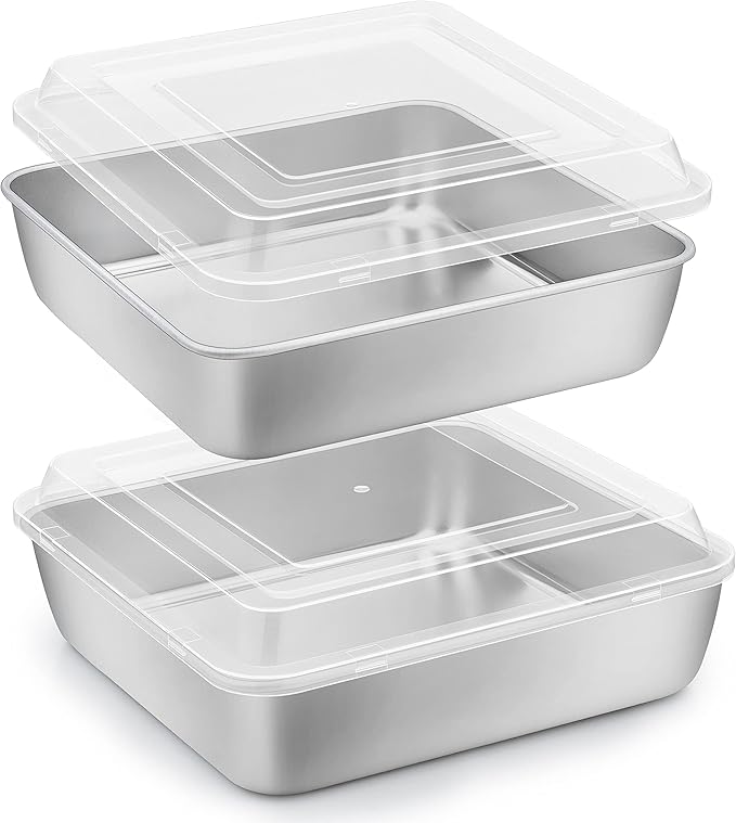 Herogo 8”x 8” Square Cake Pan Set (2 Pans + 2 Lids), Stainless Steel Square Baking Set, Cakes Brownie Lasagna Bakeware, Healthy & Dishwasher Safe