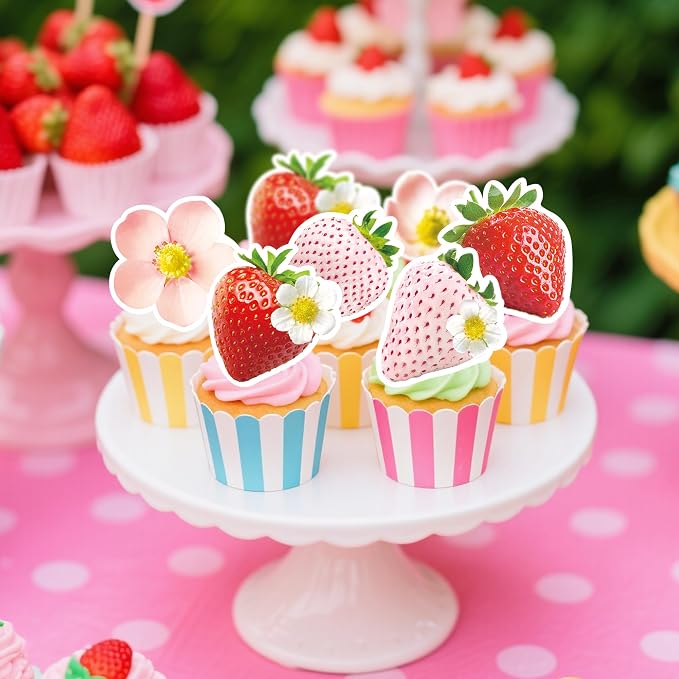 72Pcs Edible Strawberry Cupcake Toppers Wafer Paper Strawberry Flower Bridal Engagement Baby Shower Kids First Birthday Party Cake Decorations Supplies