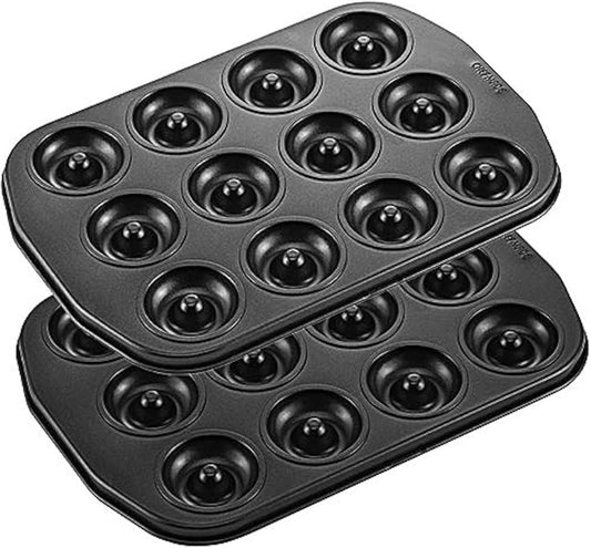CHEFMADE Mini Donut Baking Pans, Non-Stick 12-Cavity Donut Pan, Carbon Steel Cake Baking Pan - BPA Free Mini Bagel Pan, Oven, Microwave, Freezer Safe