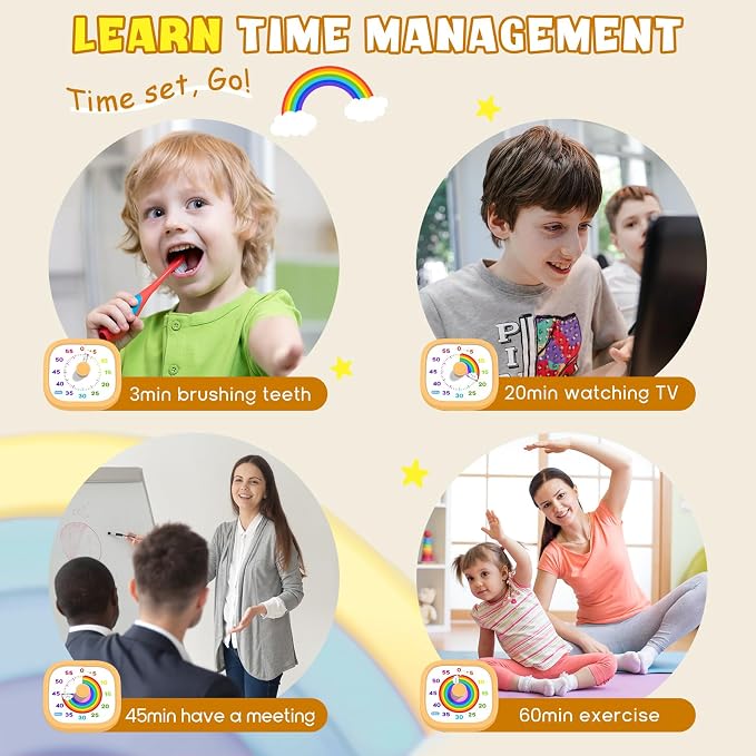 HIPPIH Visual Timer for Kids - 60 Minute Pomodoro Timers for Classroom Kitchen Office, Countdown Kids Timer Clock with Rainbow Disk, Desk Time Management Tool for Toddler with Silent Operation