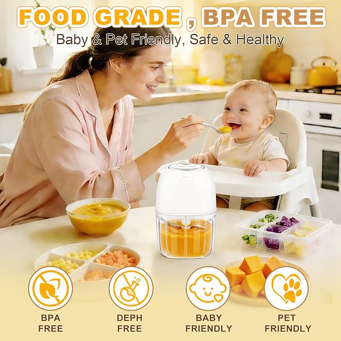 Portable Electric Garlic Chopper, 2 Bowls(1 Cup&1.5 Cup) Cordless Mini Food Processor【Up-Durable Motor】【2 Sets 304 Stainless Steel Blade】Grind for Garlic,Onion,Meat,Baby Food,BPA FREE (White)