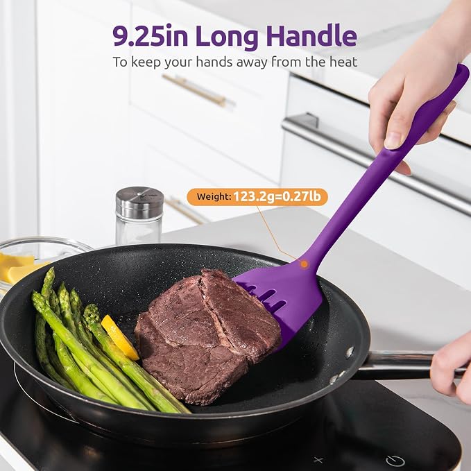 600ºF Heat Resistant Slotted Turner: U-Taste 13.6in Silicone Kitchen Spatula Flipper, 3.74in Wide Food Grade Flexible Thin Rubber Cooking Utensil for Egg, Pancake, Cookie in Nonstick Cookware (Purple)