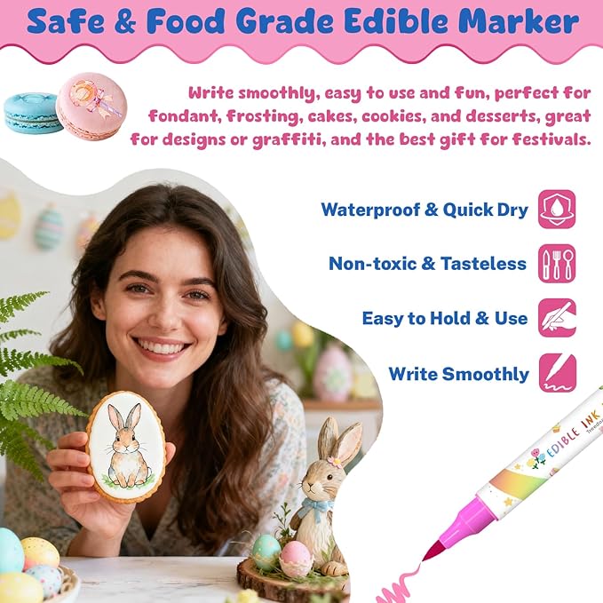 Edible Markers, 8pcs Food Coloring Pens Soft Brush Tip Food Markers, Food Grade Gourmet Writer, Edible Pens for Cookie Decorating, Cakes, Desserts, Frosting, Fondant, Easter Eggs
