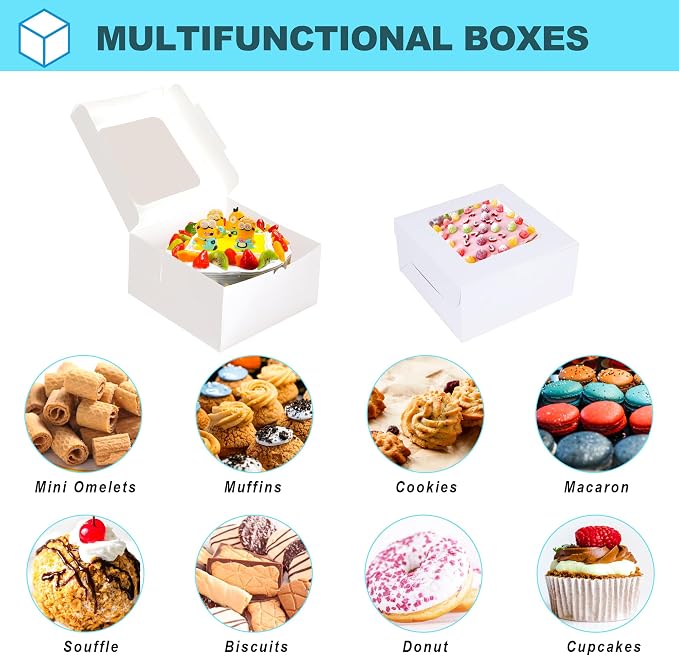 Zzrywuty 50 Packs 5x5x2.5in White Cookie Boxes, Bakery Boxes with Window, Mini Cake Boxes, Food Container Boxes for Cookies, Pastry, Pie, Strawberries, Donuts, Candy, Desserts, Small Cake